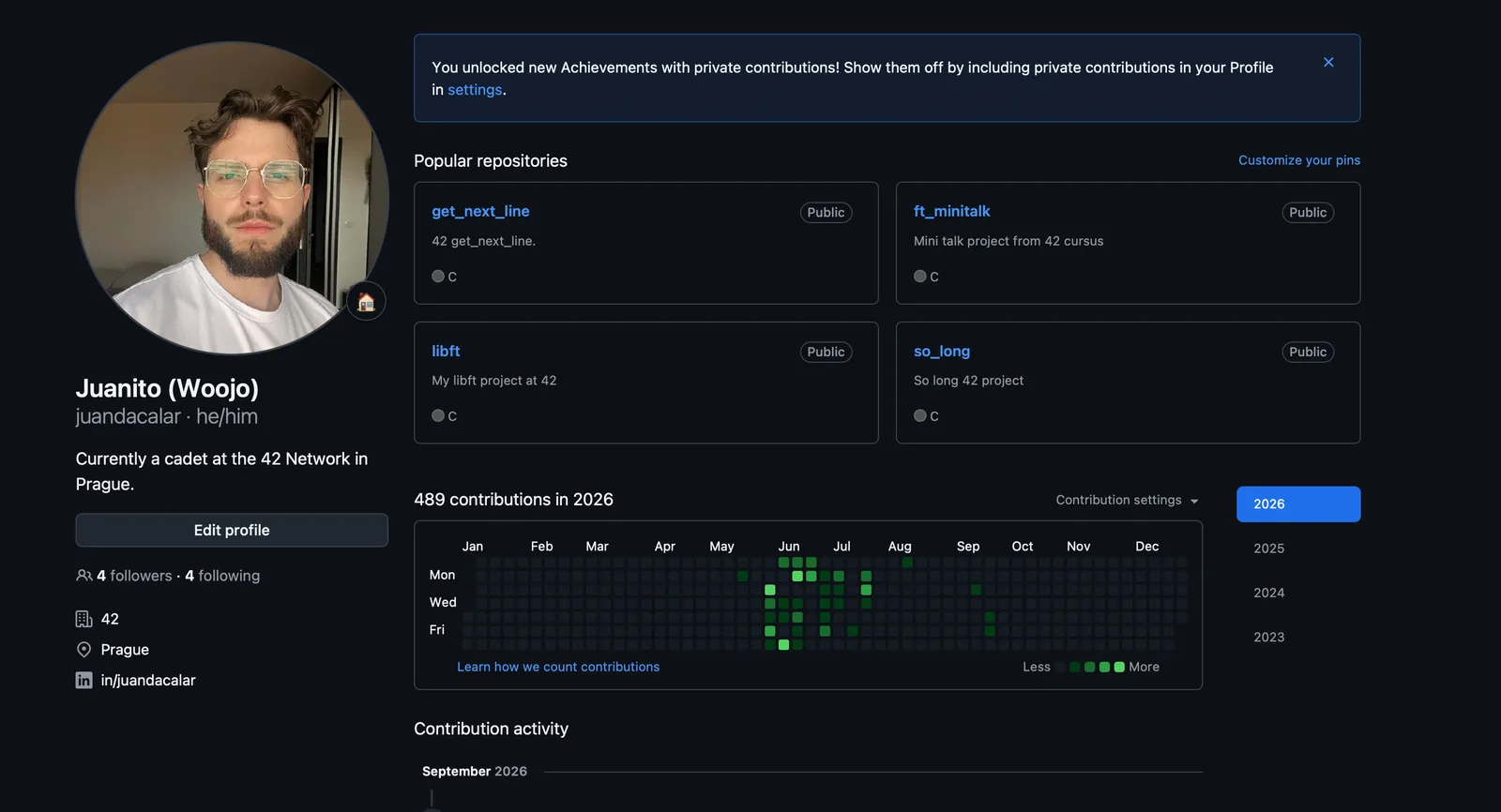 My GitHub profile as a 42 cadet in Prague, with the C projects