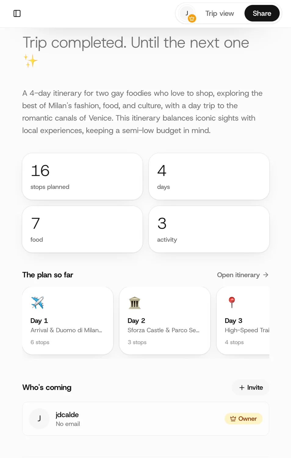 The same trip planner summarising a finished trip