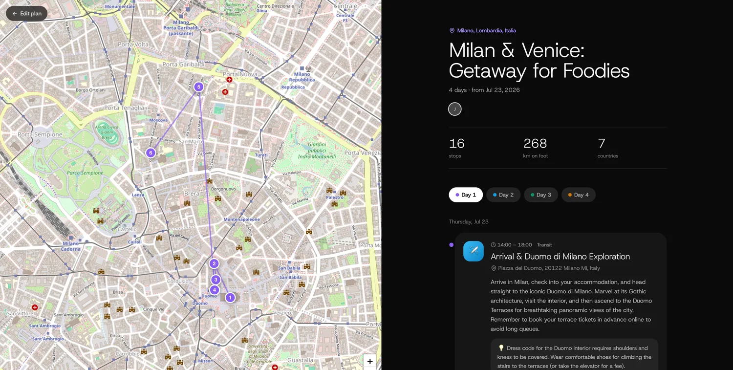 A trip planner I built, with a map and a day by day itinerary