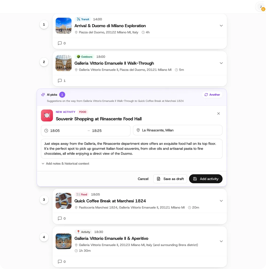 An itinerary builder with AI suggested activities