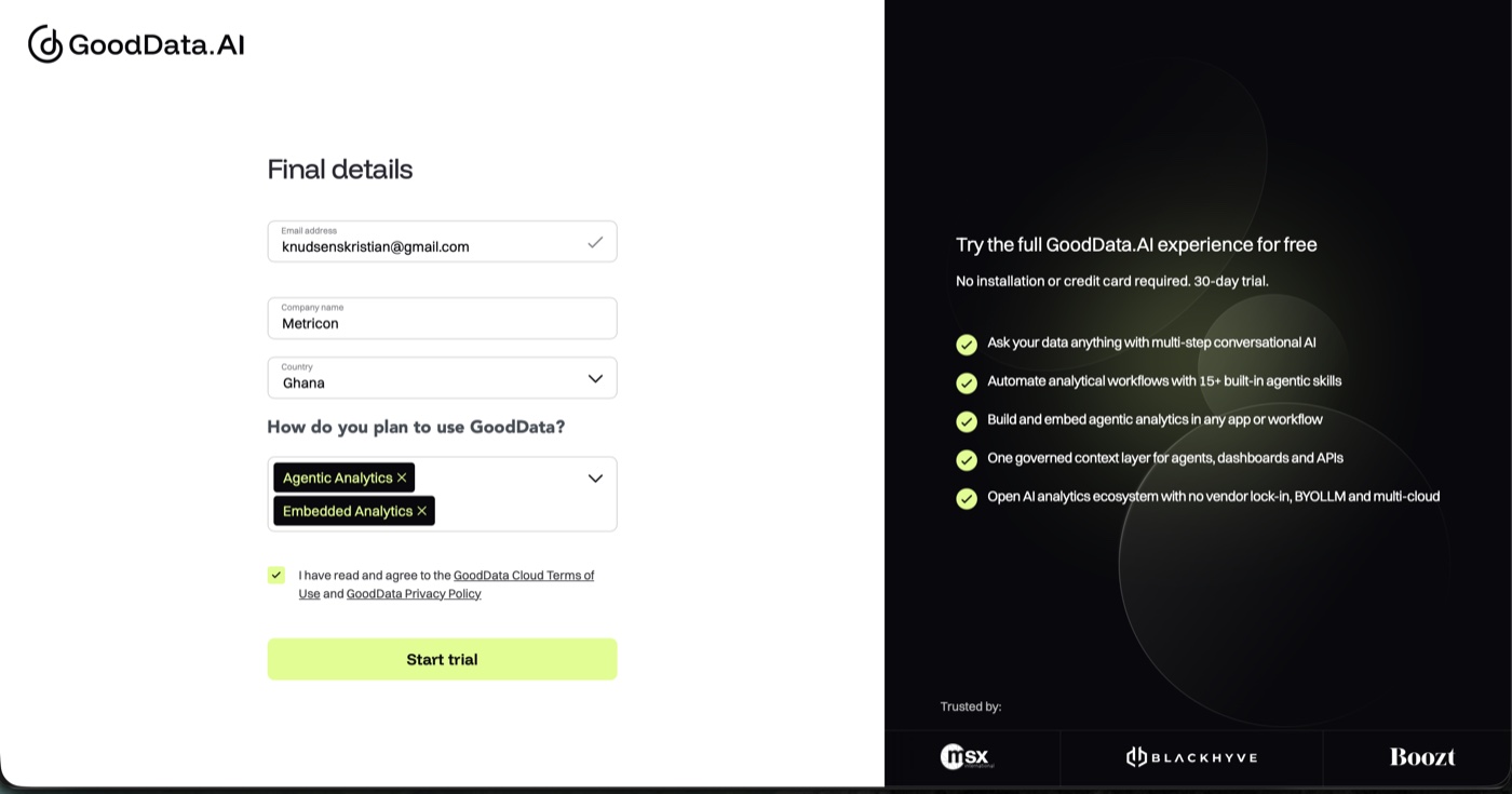 Trial signup with a goal selected