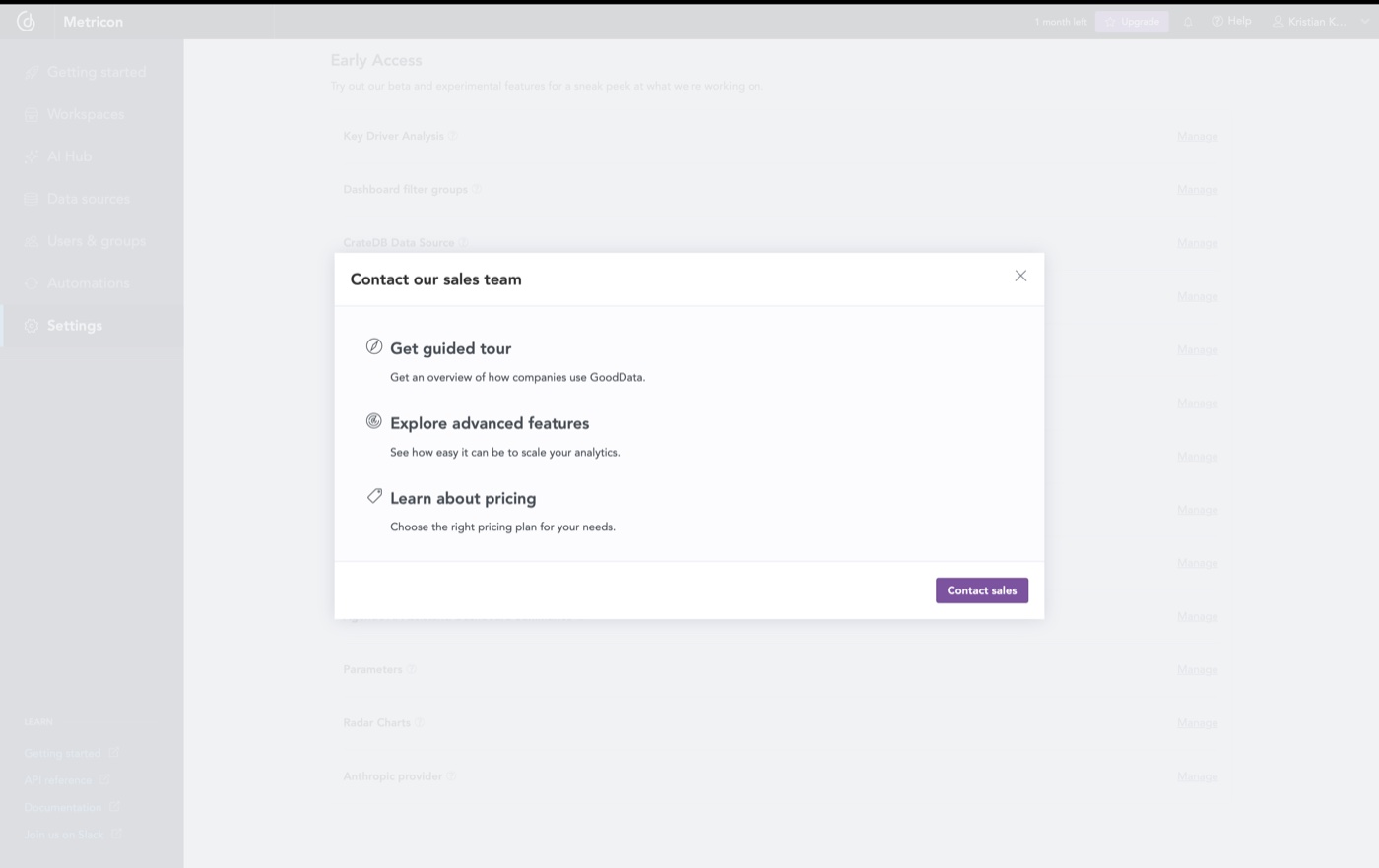 Contact sales kept one click away for higher-intent trial users.