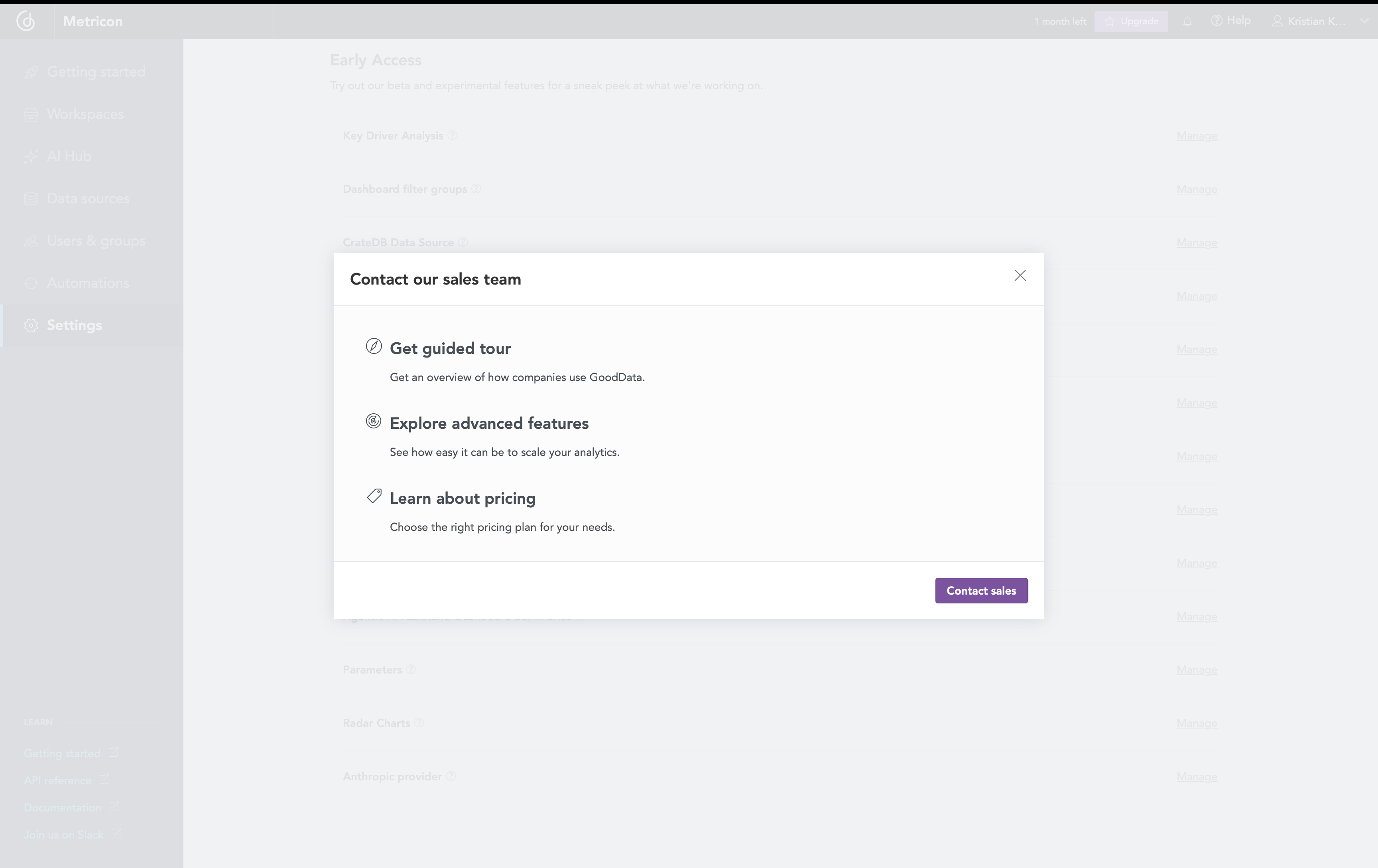 Contact sales kept one click away for higher-intent trial users.