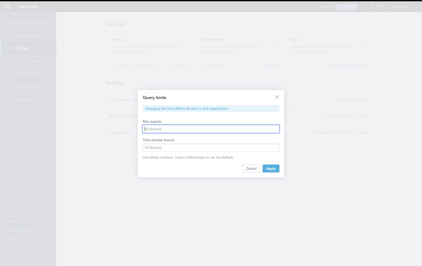 Query limits surfaced as a clear, contextual upgrade signal.