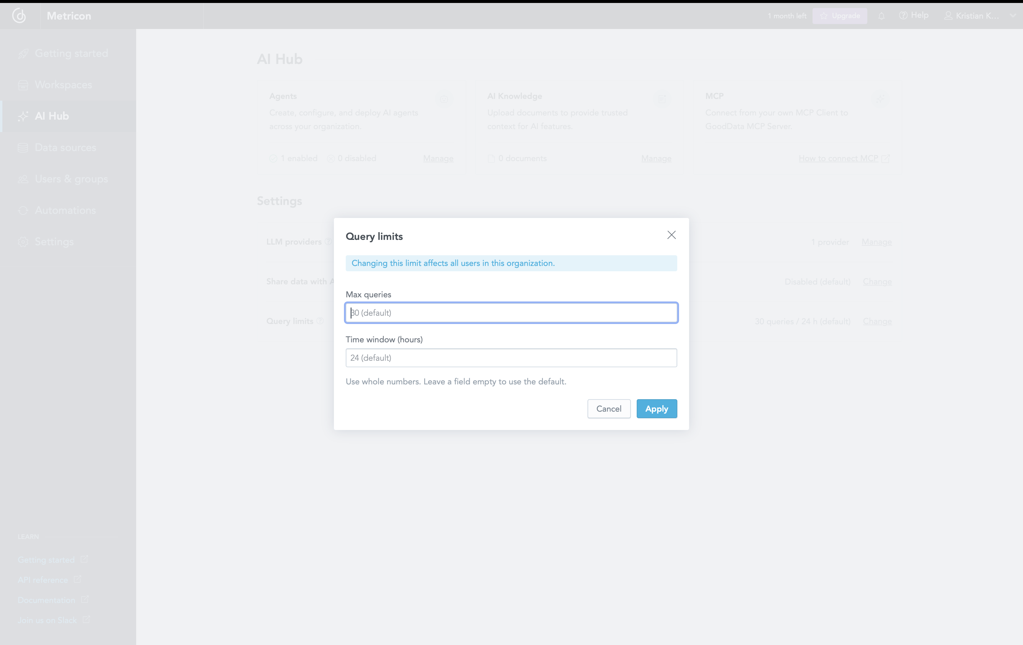 Query limits surfaced as a clear, contextual upgrade signal.
