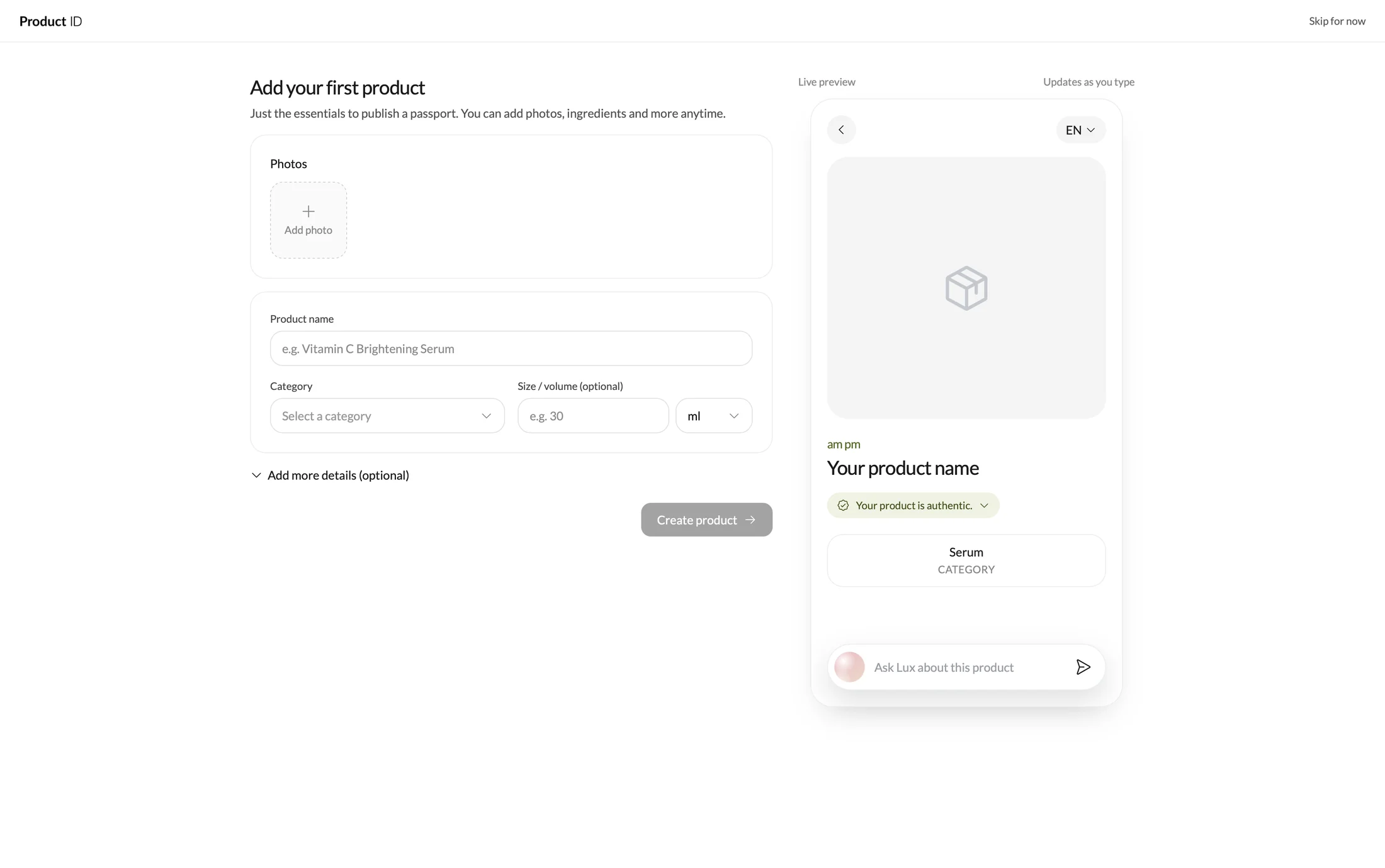 The add your first product form beside an empty passport preview