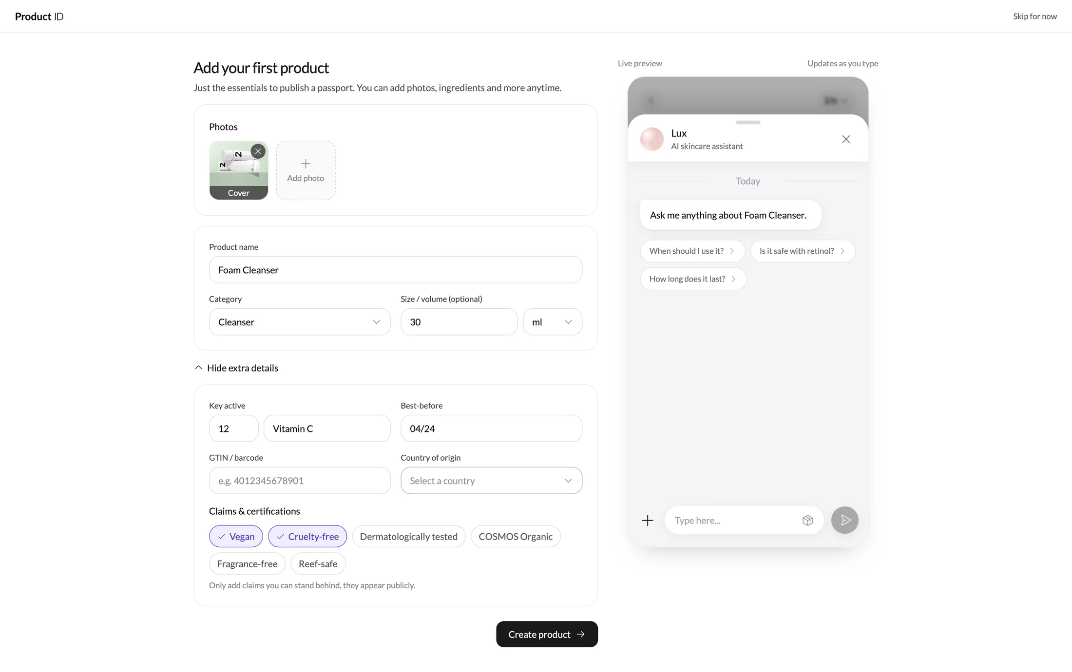 A filled product form updating the phone preview as it is typed