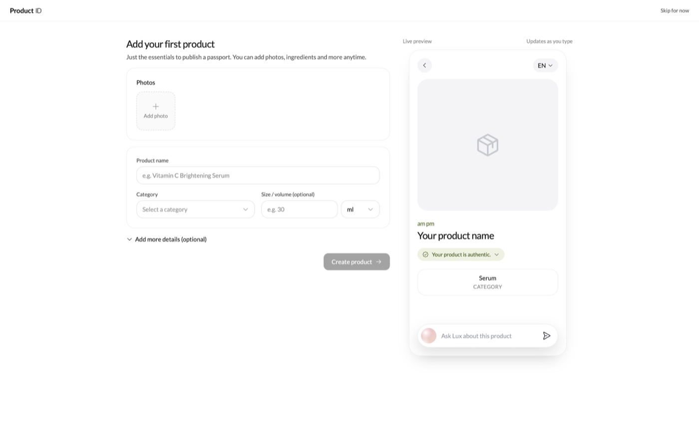 Add first product form