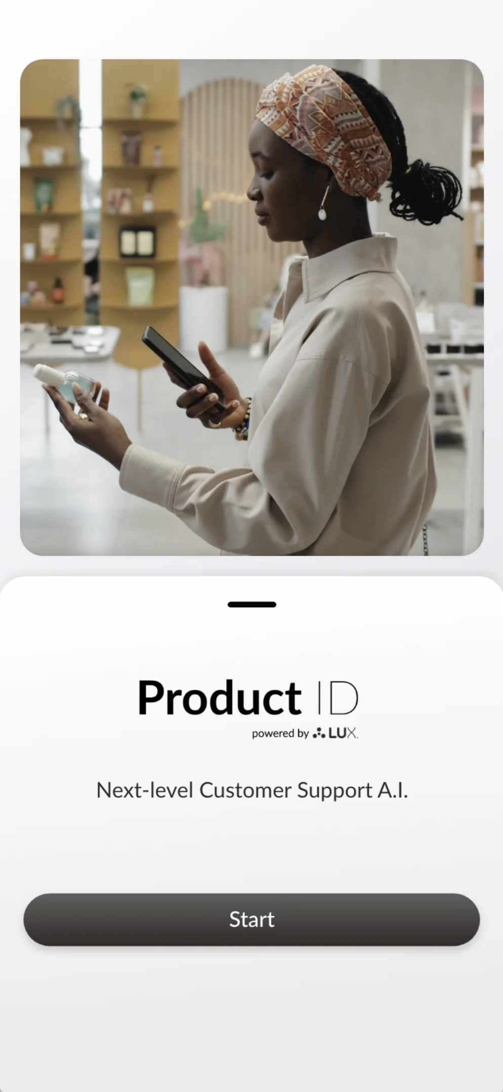 The App Clip entry: a shopper scanning in store, and the Product ID start screen