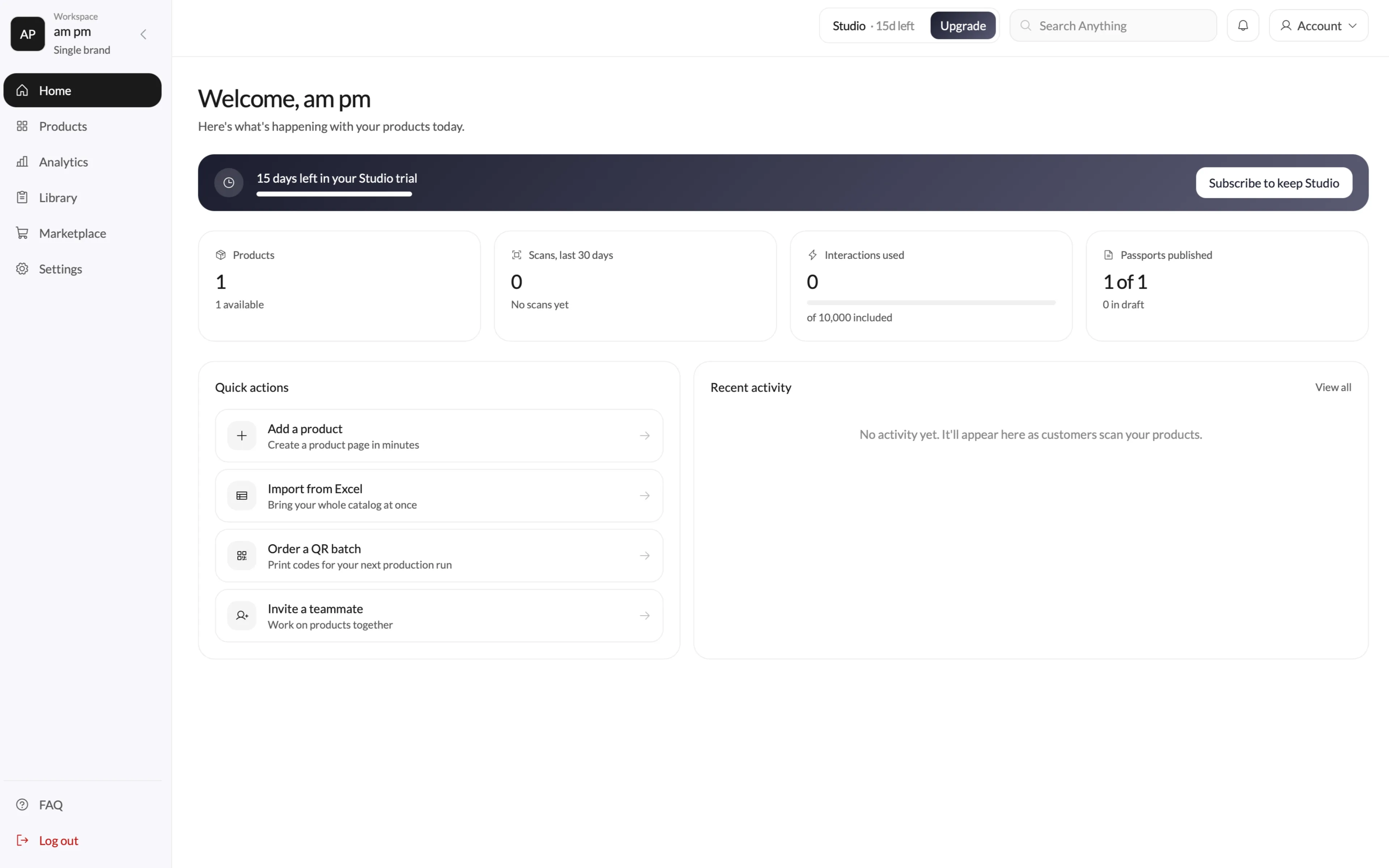 Brand workspace home dashboard with products, scans and published passports