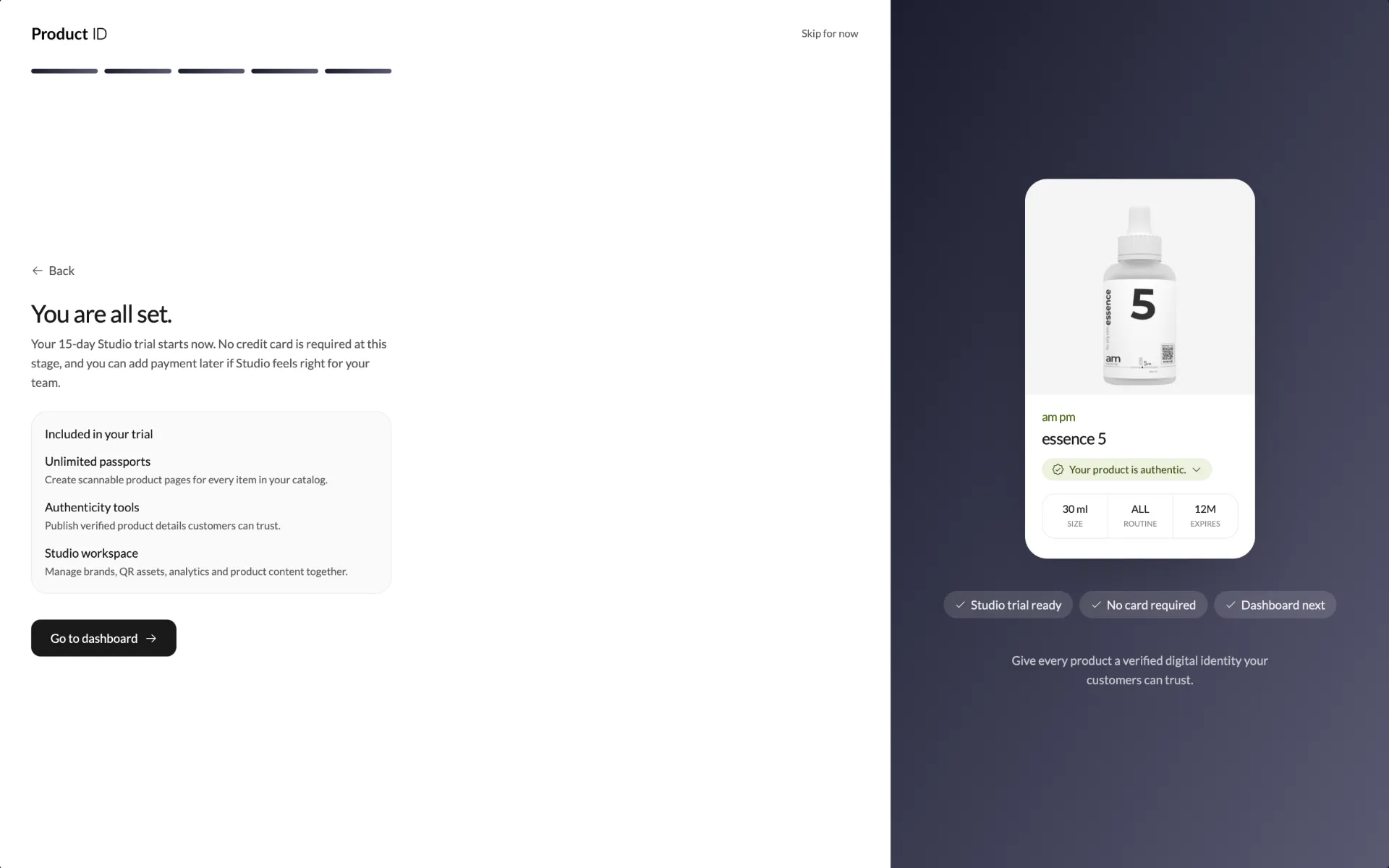 Onboarding completion screen with Studio trial ready and dashboard next