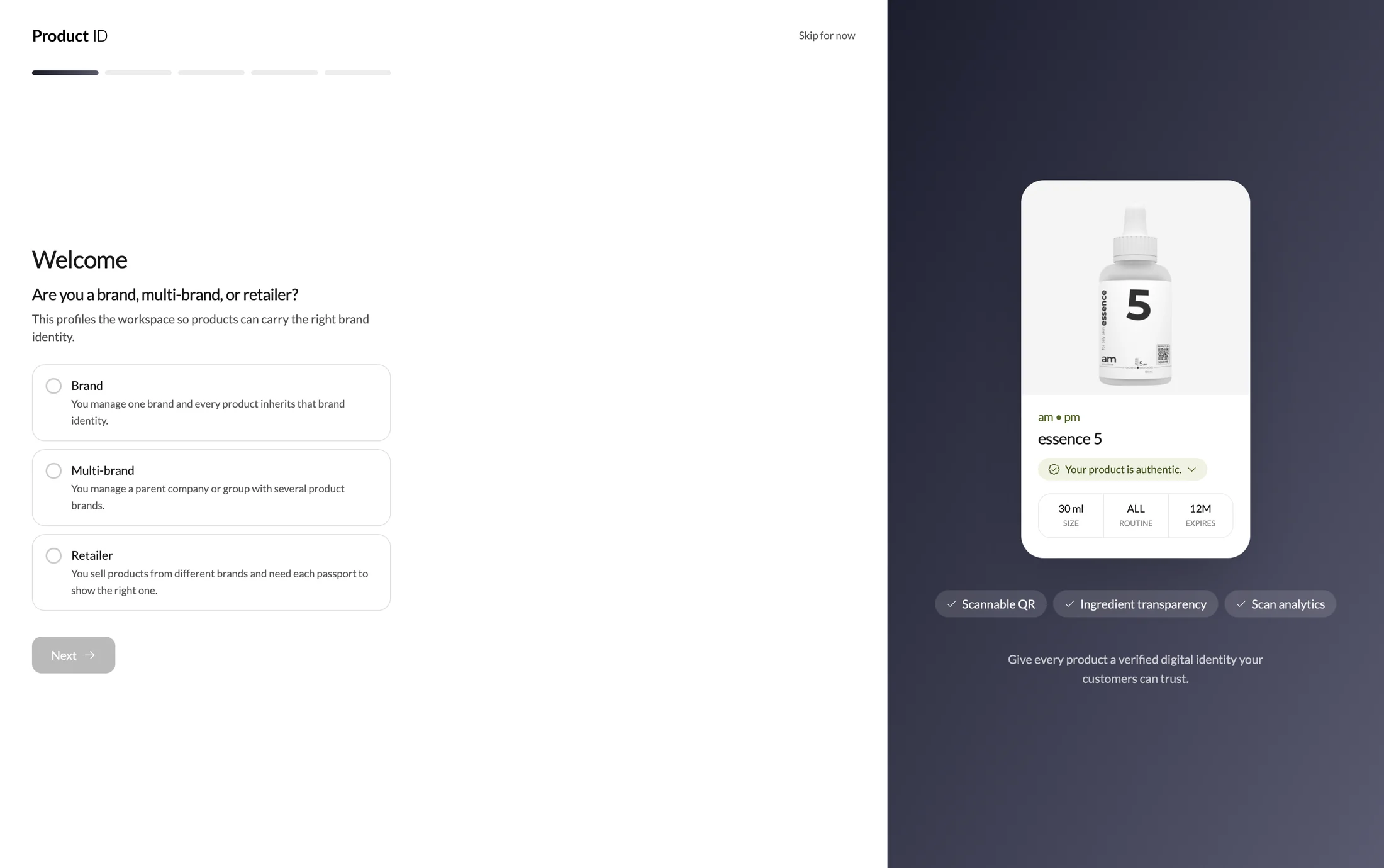 Onboarding asking whether you are a brand, multi-brand or retailer