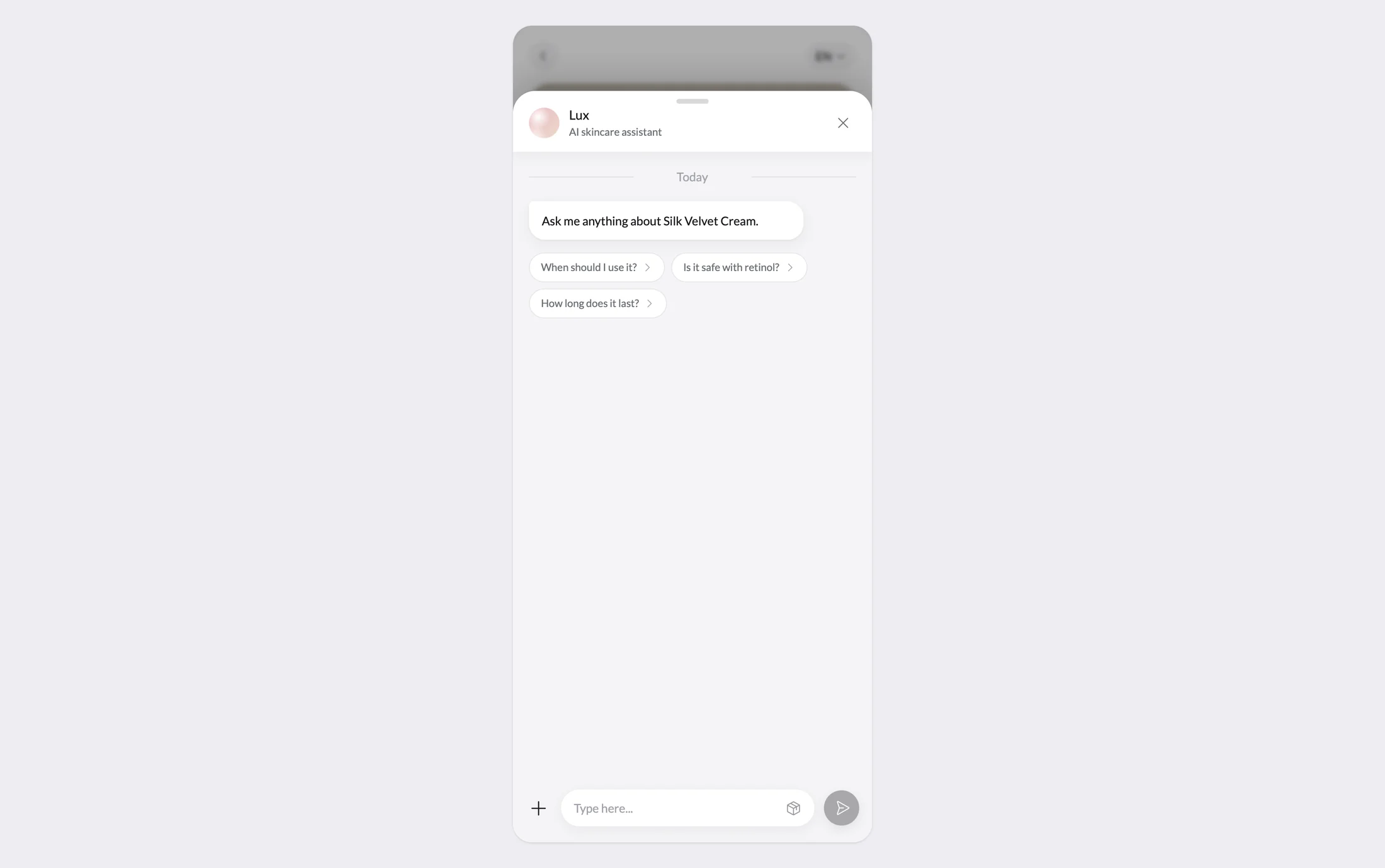 The LUX assistant answering questions about a sample product