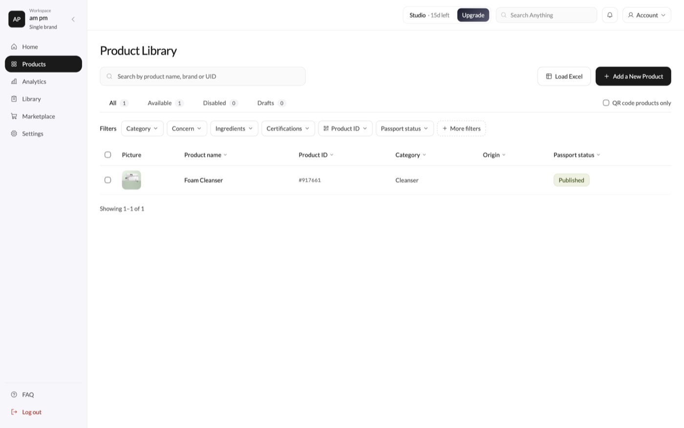 Product library table with filters and catalog fields