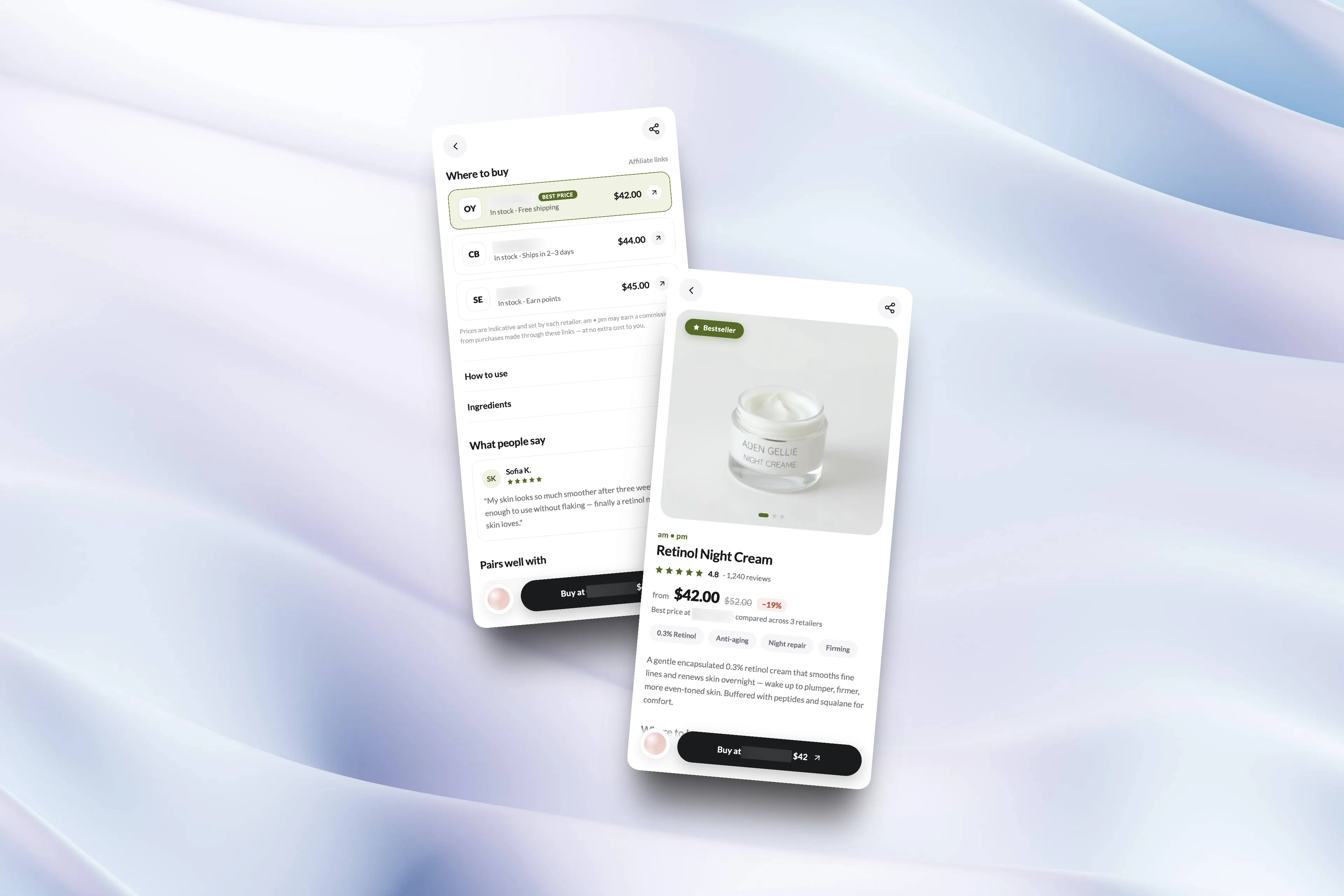 Monetization layer: affiliate recommendations and checkout routing, kept secondary to product understanding.