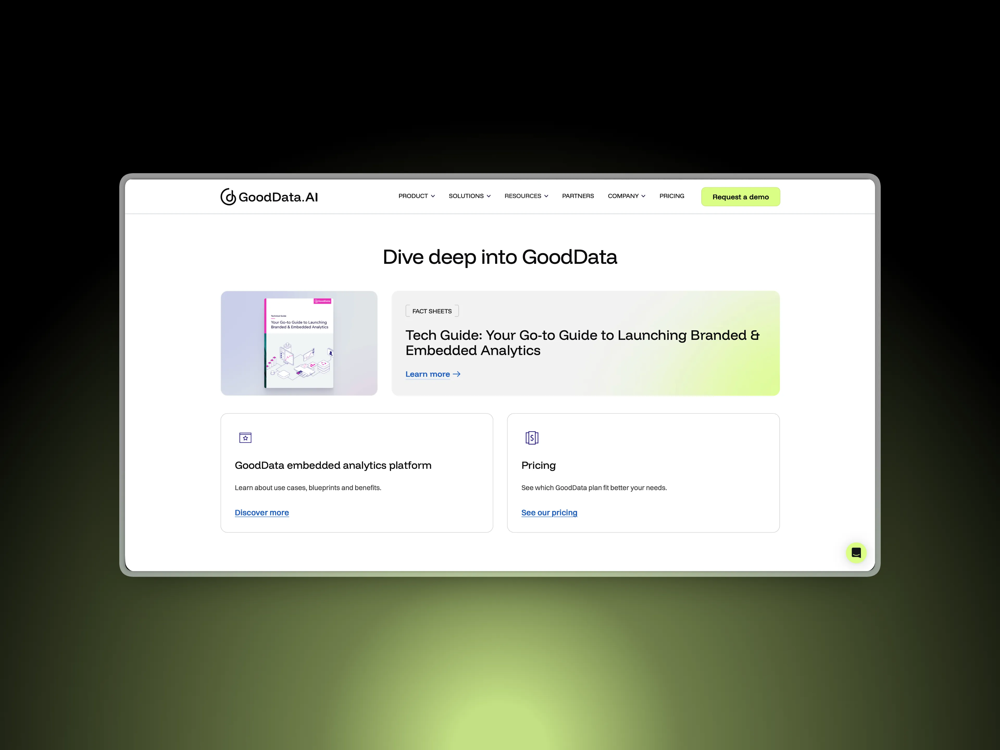 A 'Dive deep into GoodData' resources section with a tech-guide fact sheet, an embedded-analytics platform overview card, and a pricing link.