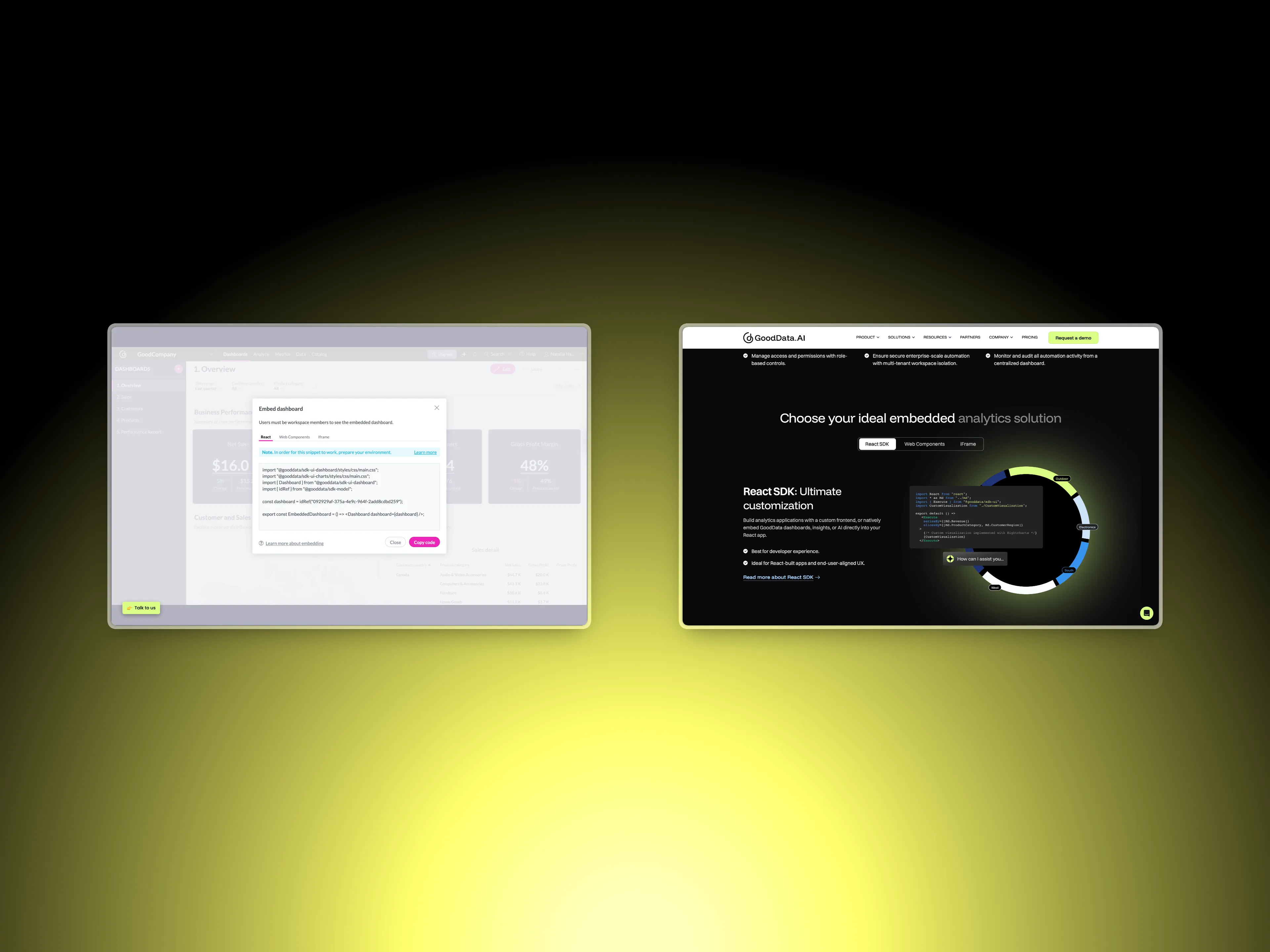 Two screens: a GoodData embed-dashboard modal showing React, Web Components, and iFrame code options, alongside the embedded-analytics landing page headlined 'Choose your ideal embedded analytics solution.'
