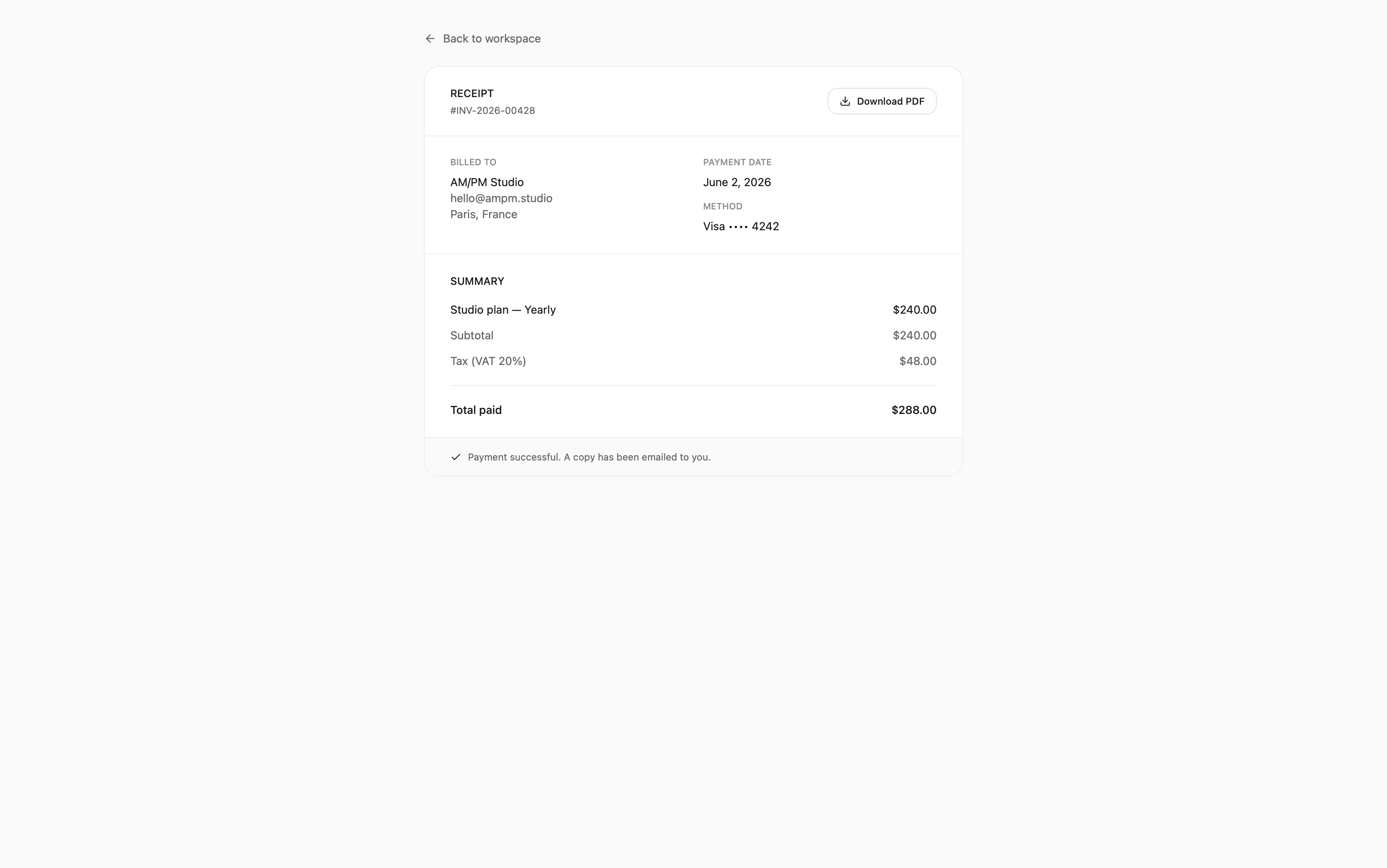 A clean receipt with downloadable PDF and emailed copy, the proof users look for.