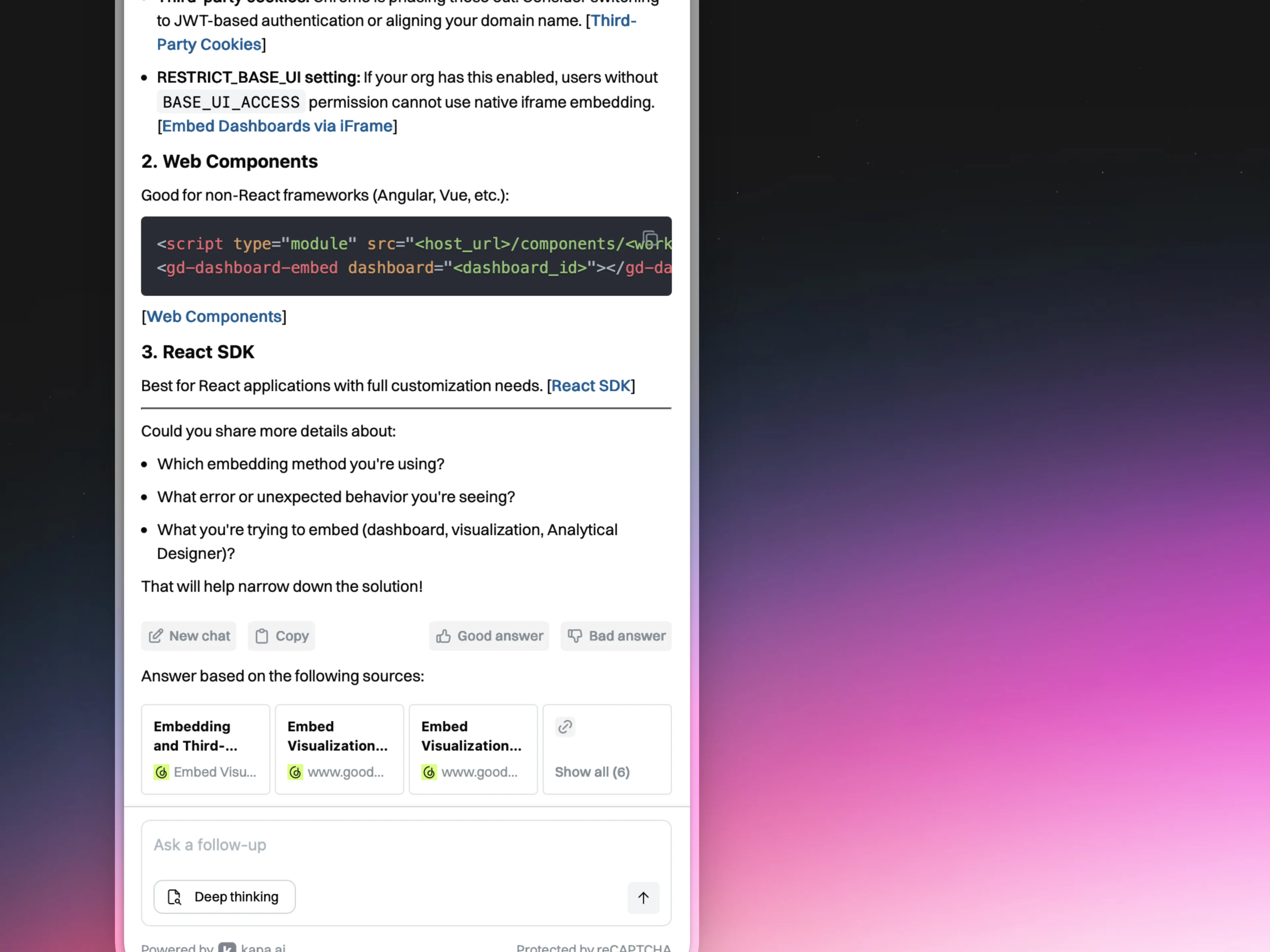 Sources, feedback, and follow-ups: every answer stays traceable and continuable.